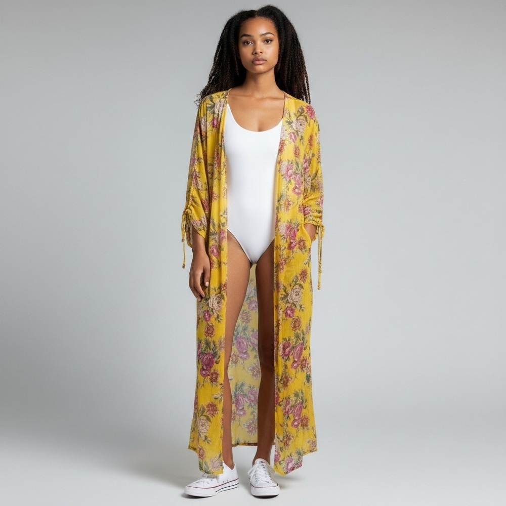 A BAND OF GYPSIES Yellow Floral Chiffon Duster Kimono